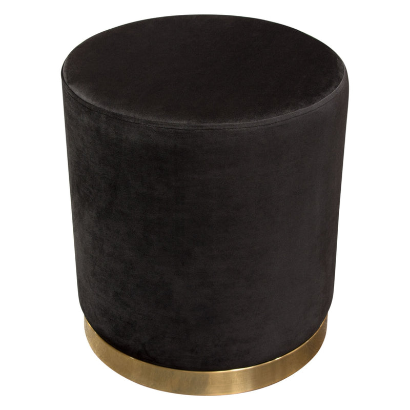 Sorbet Round Accent Ottoman in Black Velvet w/ Gold Metal Band Accent