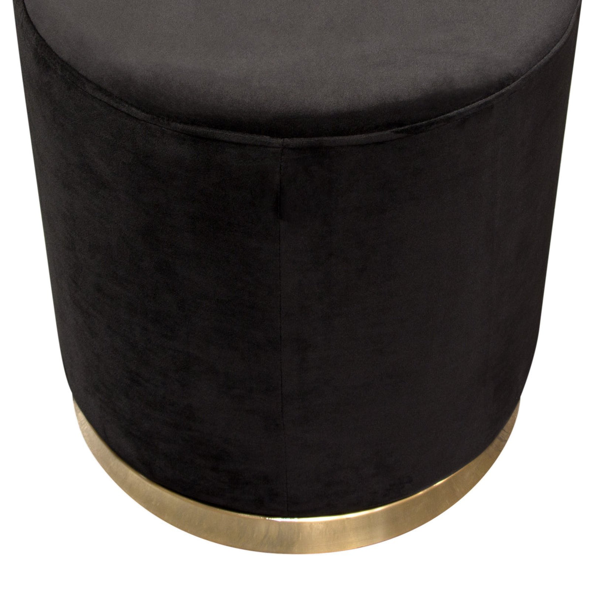 Sorbet Round Accent Ottoman in Black Velvet w/ Gold Metal Band Accent