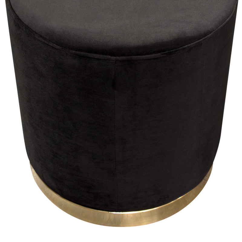 Sorbet Round Accent Ottoman in Black Velvet w/ Gold Metal Band Accent