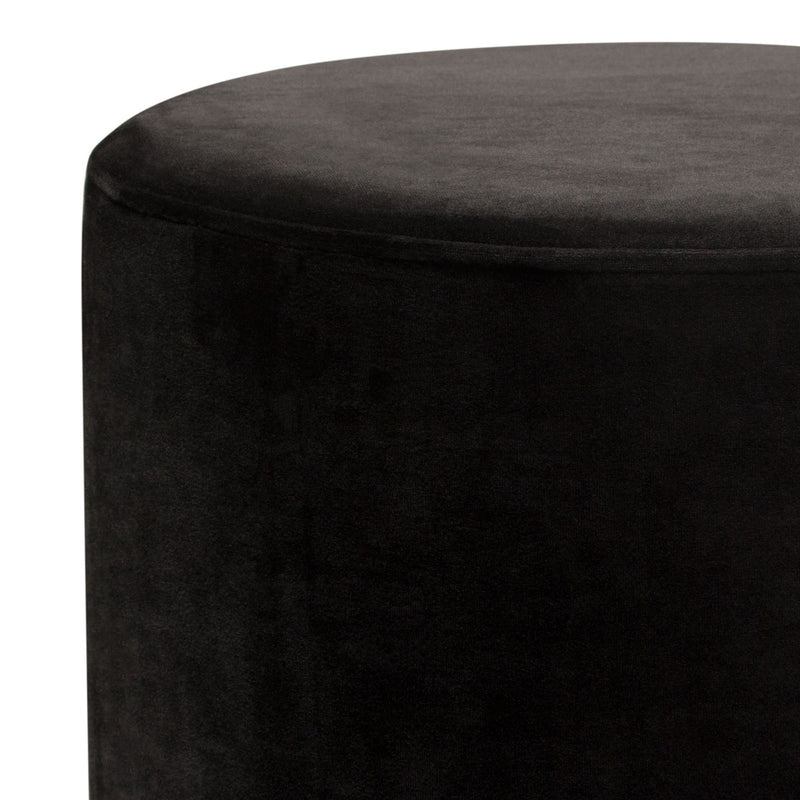 Sorbet Round Accent Ottoman in Black Velvet w/ Gold Metal Band Accent