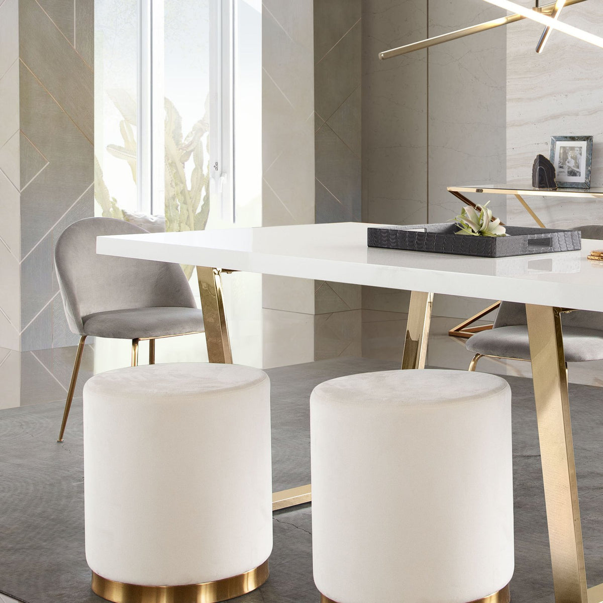 Sorbet Round Accent Ottoman in Cream Velvet w/ Gold Metal Band Accent