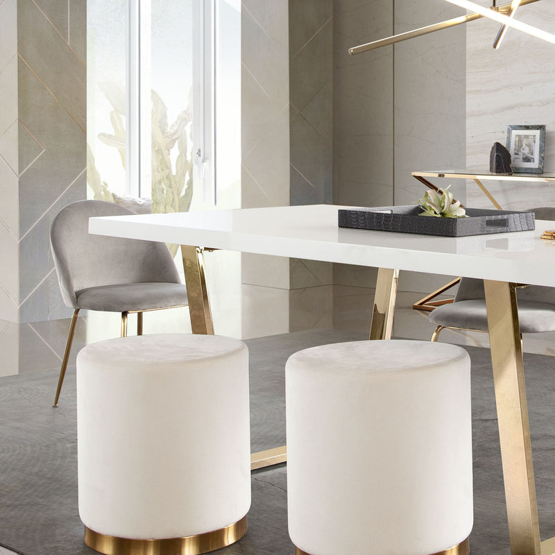 Sorbet Round Accent Ottoman in Cream Velvet w/ Gold Metal Band Accent