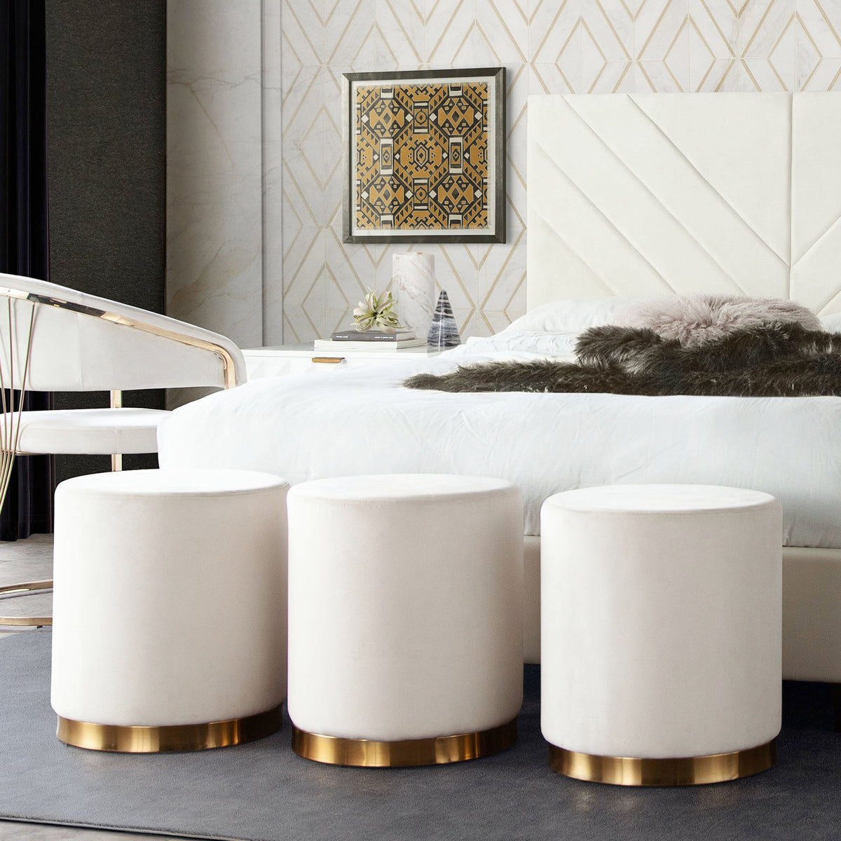 Sorbet Round Accent Ottoman in Cream Velvet w/ Gold Metal Band Accent