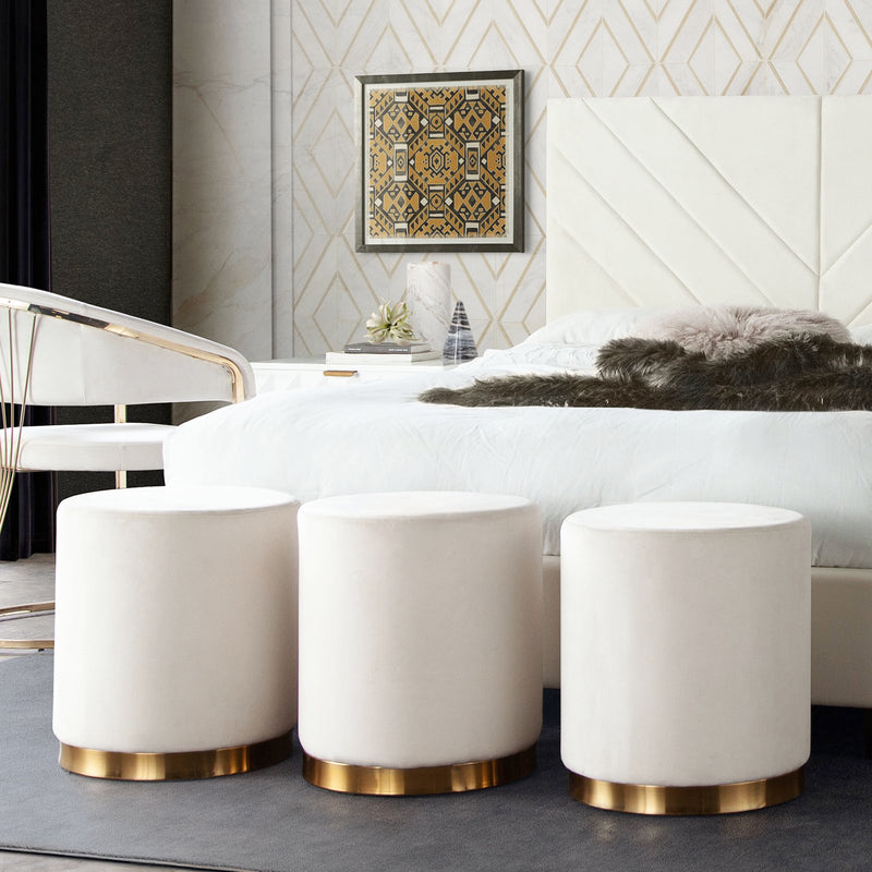 Sorbet Round Accent Ottoman in Cream Velvet w/ Gold Metal Band Accent