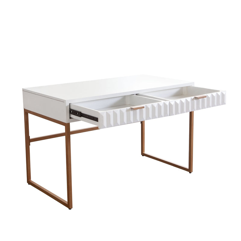 Spectrum 2-Drawer Solid Mango Wood Desk in White Finish w/ Gold Finished Iron Legs