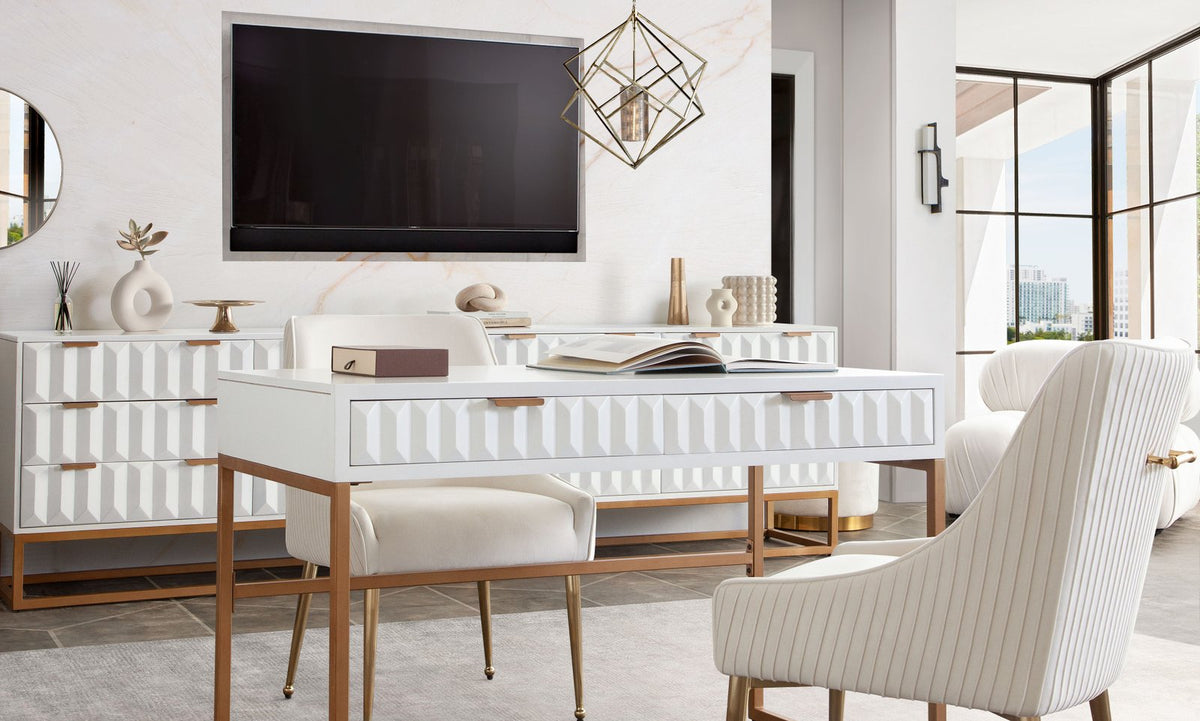 Spectrum 2-Drawer Solid Mango Wood Desk in White Finish w/ Gold Finished Iron Legs
