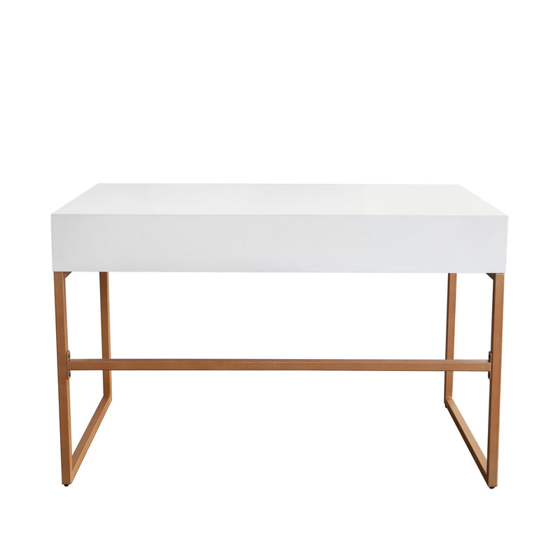 Spectrum 2-Drawer Solid Mango Wood Desk in White Finish w/ Gold Finished Iron Legs