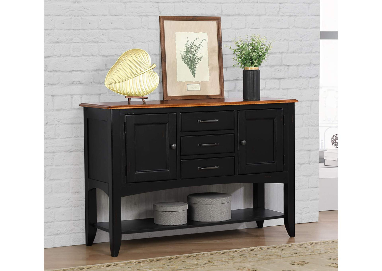 DLU-1122-SB-BCH Sunset Trading Selections Sideboard with Large Display Shelf | 3 Drawers 2 Storage Cabinets | Antique Black and Cherry