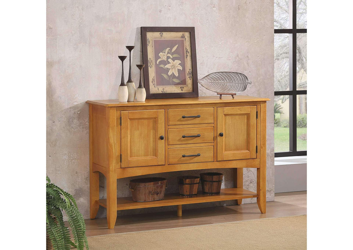 DLU-1122-SB-LO Sunset Trading Selections Sideboard with Large Display Shelf | 3 Drawers 2 Storage Cabinets | Light Oak