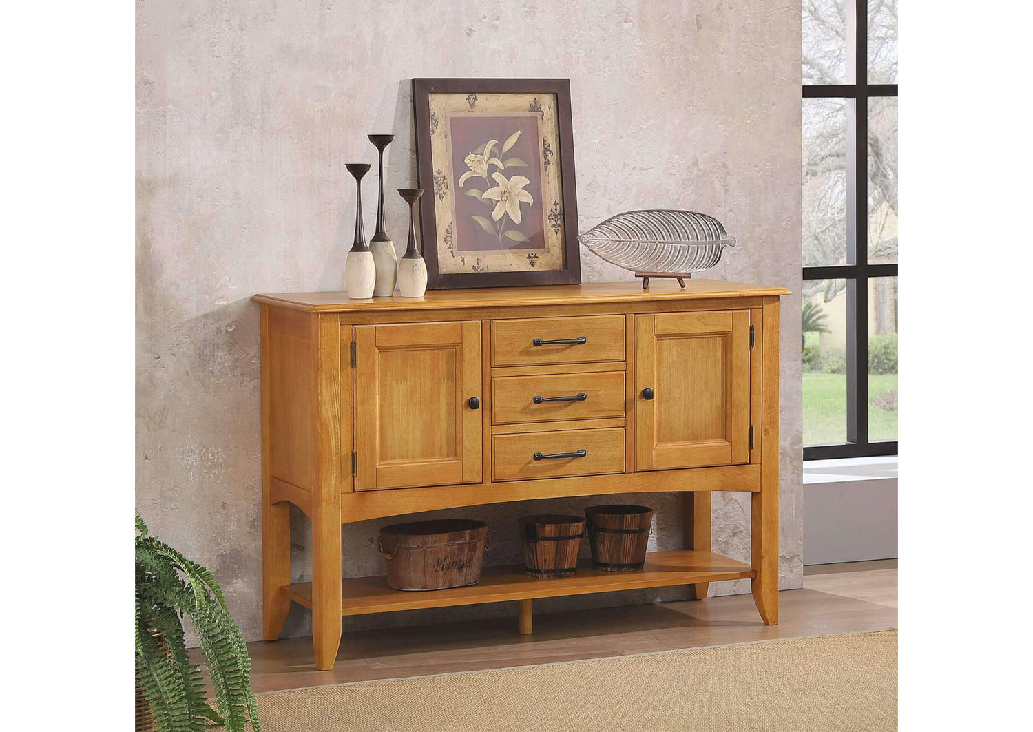 DLU-1122-SB-LO Sunset Trading Selections Sideboard with Large Display Shelf | 3 Drawers 2 Storage Cabinets | Light Oak