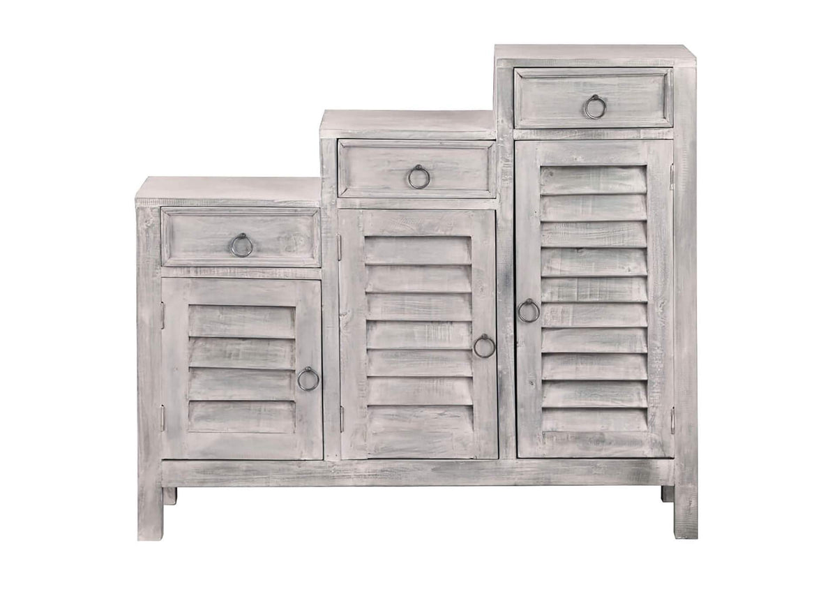 CC-CAB1181LD-SW Sunset Trading Cottage Three Tiered Shutter Cabinet | Distressed Light Gray