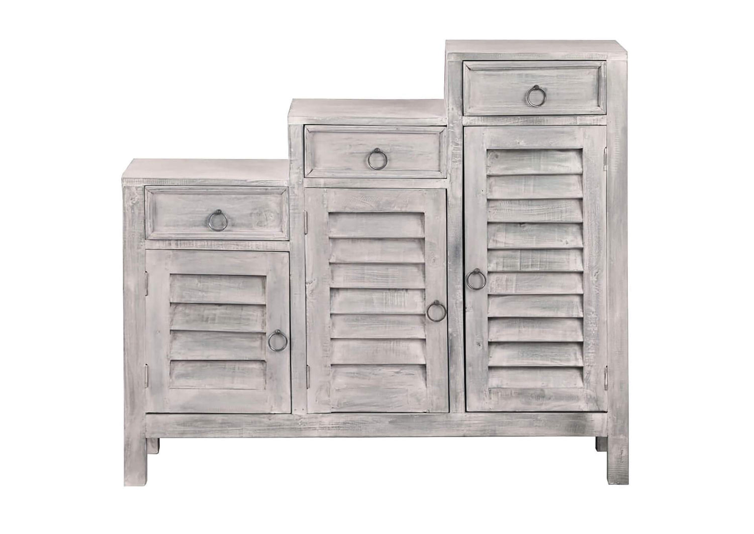 CC-CAB1181LD-SW Sunset Trading Cottage Three Tiered Shutter Cabinet | Distressed Light Gray