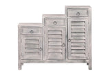 CC-CAB1181LD-SW Sunset Trading Cottage Three Tiered Shutter Cabinet | Distressed Light Gray