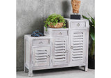 CC-CAB1181LD-SW Sunset Trading Cottage Three Tiered Shutter Cabinet | Distressed Light Gray