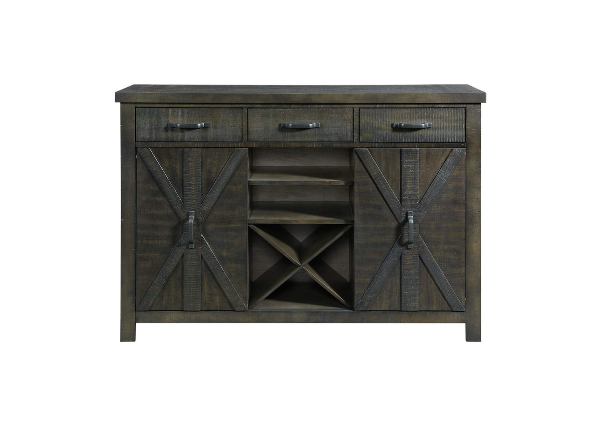 ED-SKSR Sunset Trading Trestle Server with Wine Rack | Sideboard Dining Storage Cabinet Shelves Drawers | Distressed Gray Wood