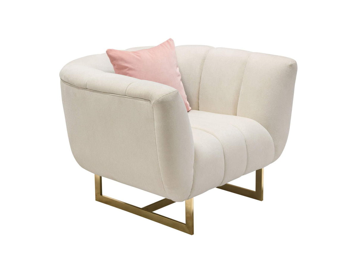 Venus Cream Fabric Chair with Contrasting Pillows & Gold Finished Metal Base