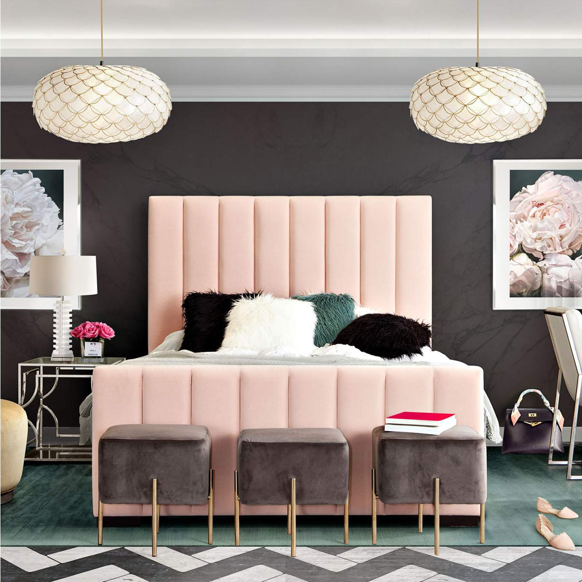 VENUSPNEKBED Venus Vertical Channel Tufted Eastern King Bed In Blush Pink Velvet