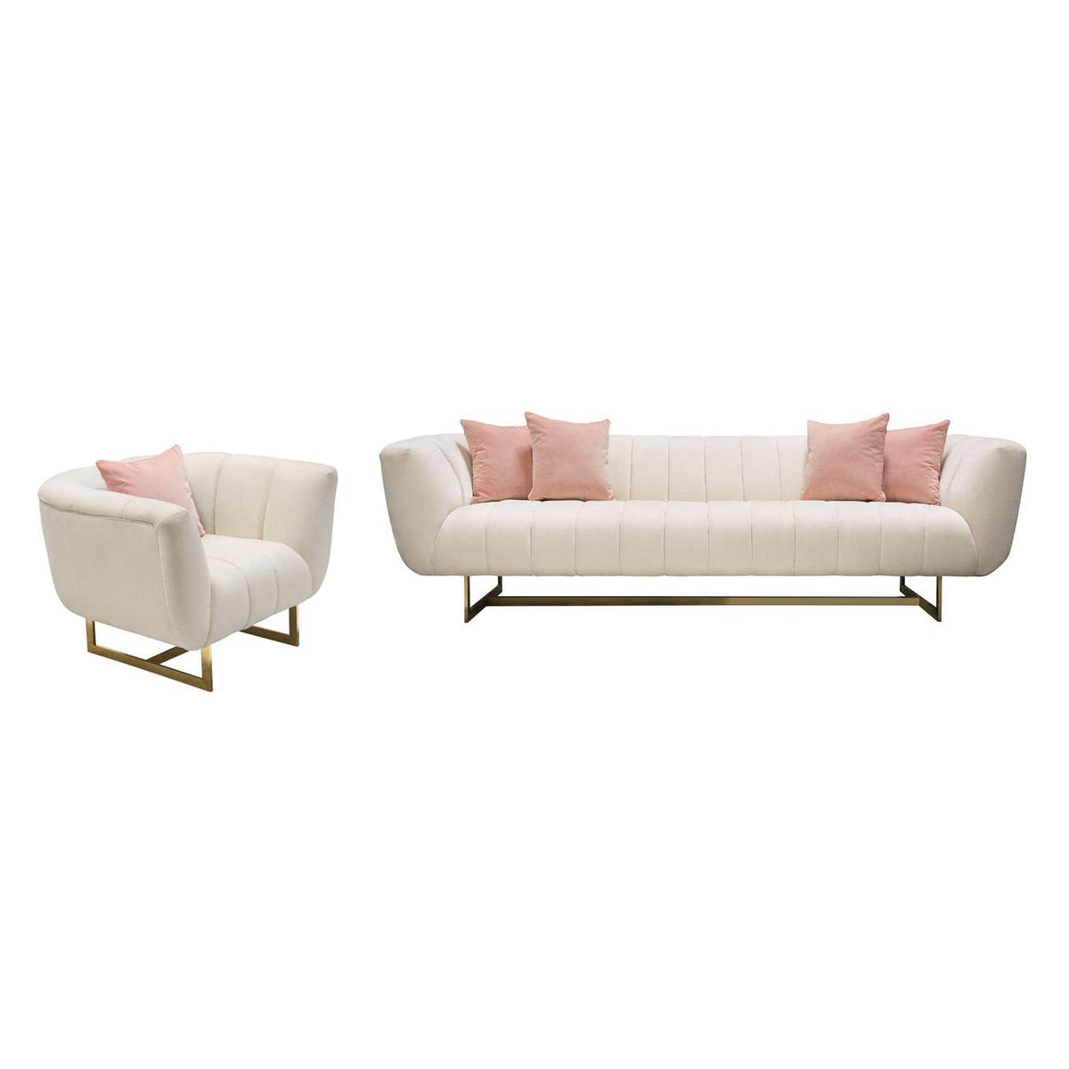 Venus Cream Fabric Sofa & Chair 2PC Set w/ Contrasting Pillows & Gold Finished Metal Base by Diamond Sofa