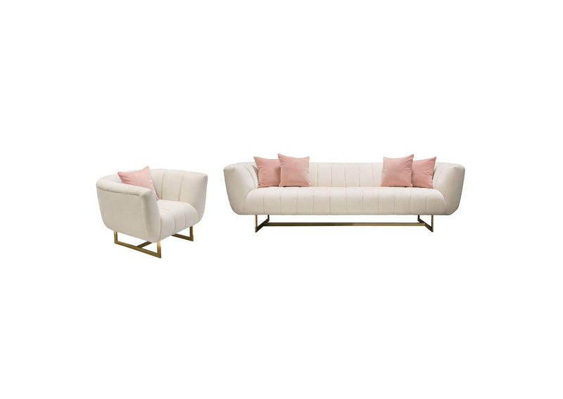Venus Cream Fabric Sofa & Chair 2PC Set w/ Contrasting Pillows & Gold Finished Metal Base by Diamond Sofa