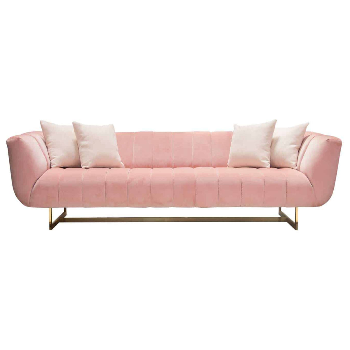 Venus Sofa In Blush Pink Velvet W/ Contrasting Pillows & Gold Finished Metal Base
