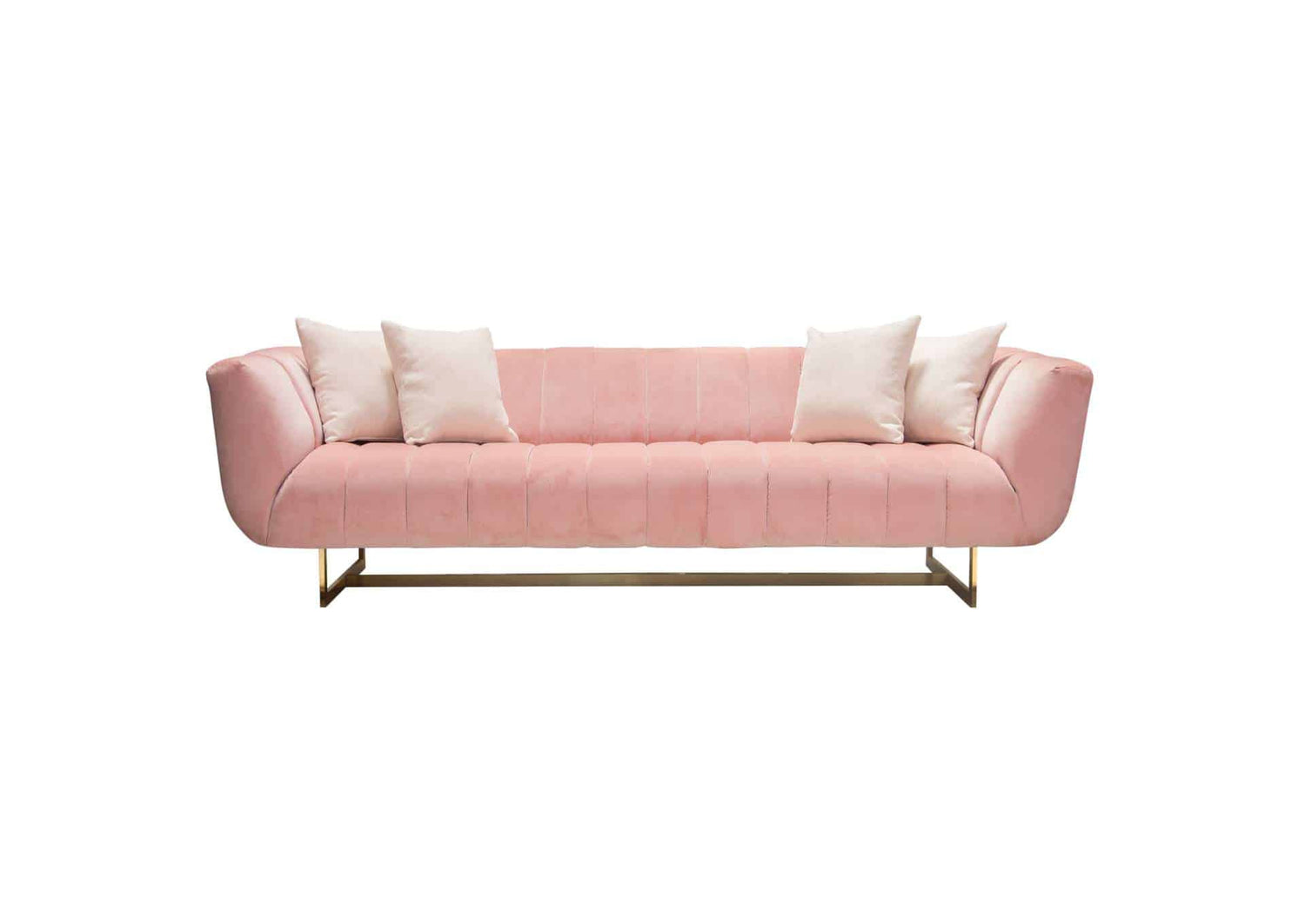 Venus Sofa In Blush Pink Velvet W/ Contrasting Pillows & Gold Finished Metal Base