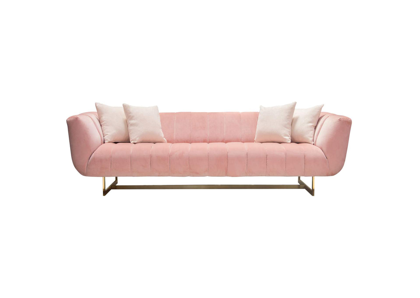 Venus Sofa in Blush Pink Velvet w/ Contrasting Pillows & Gold Finished Metal Base by Diamond Sofa