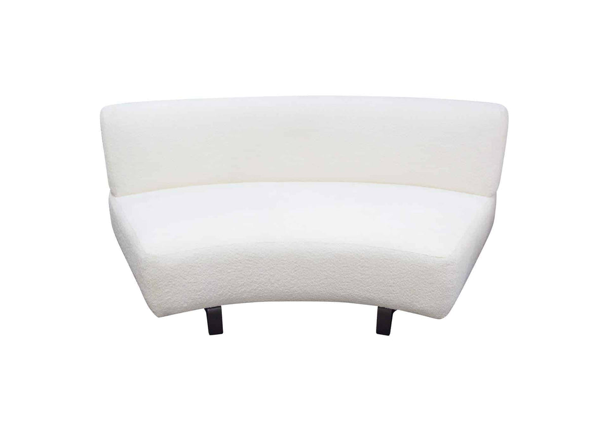 Vesper Curved Armless Sofa in Faux White Shearling with Black Wood Leg Base