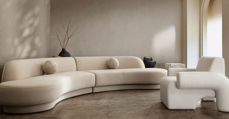 Zelda 2PC Modular Curved Armless Chaise in Light Camel Performance Velvet w/ (2) Accent Pillow Balls