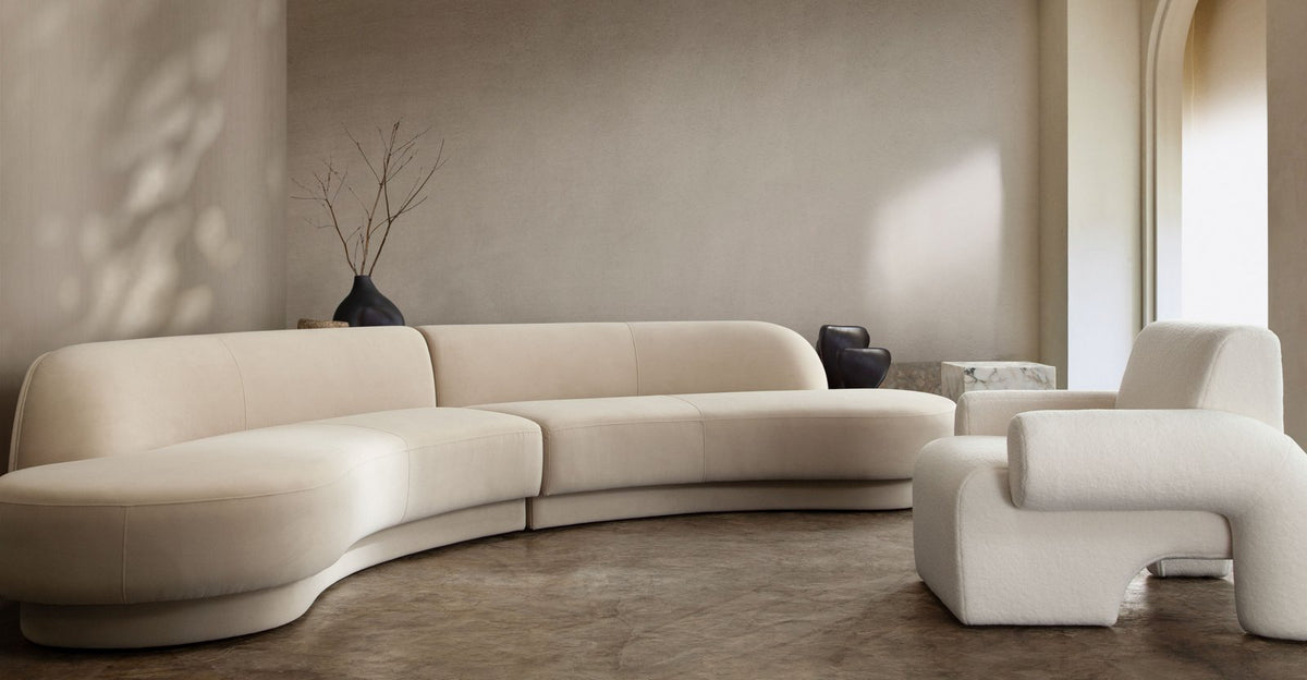 Zelda 2PC Modular Curved Armless Chaise in Light Camel Performance Velvet w/ (2) Accent Pillow Balls
