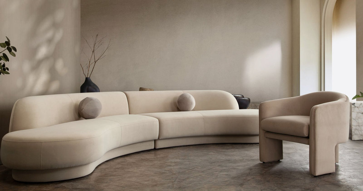 Zelda 2PC Modular Curved Armless Chaise in Light Camel Performance Velvet w/ (2) Accent Pillow Balls