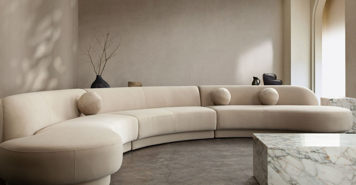 Zelda 3PC Modular Curved Armless Sofa & (2) Chaise in Light Camel Performance Velvet w/ (3) Accent Pillow Balls