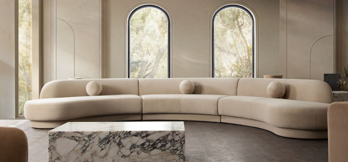Zelda 3PC Modular Curved Armless Sofa & (2) Chaise in Light Camel Performance Velvet w/ (3) Accent Pillow Balls