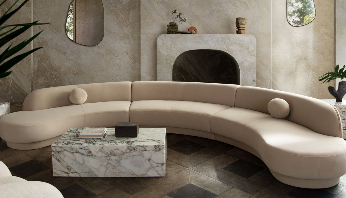 Zelda 3PC Modular Curved Armless Sofa & (2) Chaise in Light Camel Performance Velvet w/ (3) Accent Pillow Balls