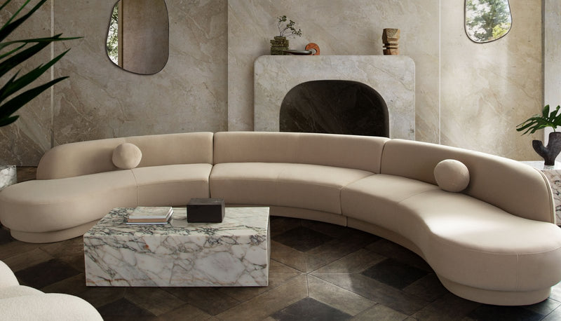Zelda 3PC Modular Curved Armless Sofa & (2) Chaise in Light Camel Performance Velvet w/ (3) Accent Pillow Balls