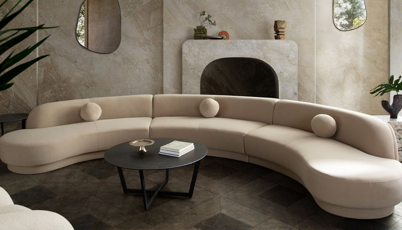 Zelda 3PC Modular Curved Armless Sofa & (2) Chaise in Light Camel Performance Velvet w/ (3) Accent Pillow Balls