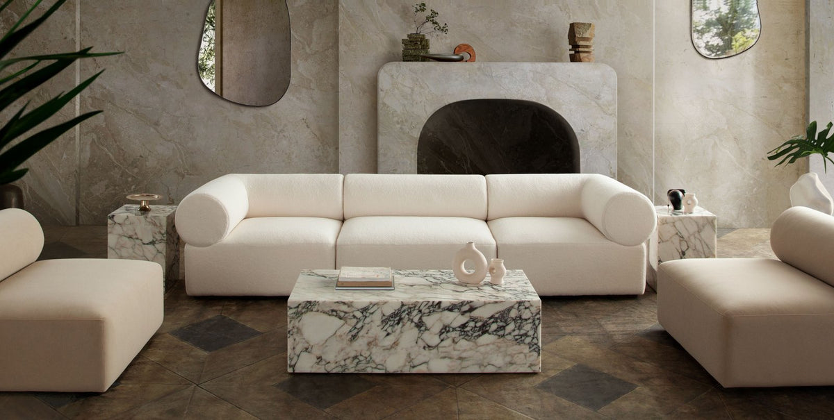 Zia 3PC Modular Sofa in Ivory Sherpa Fabric