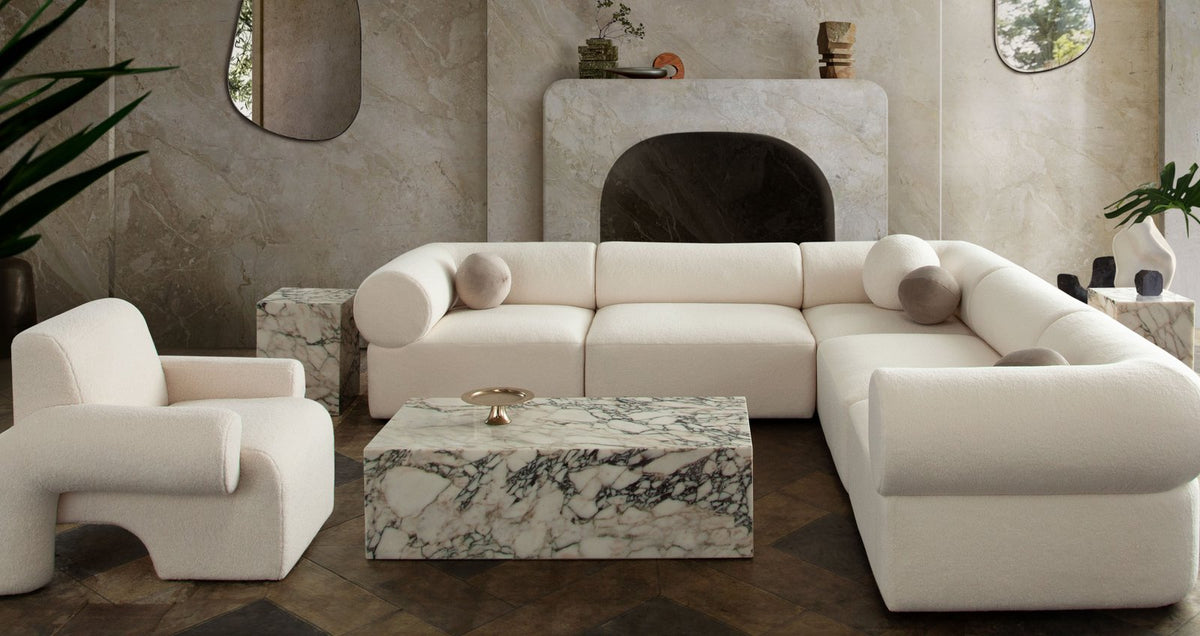 Zia 5PC Corner Sectional in Ivory Sherpa Fabric