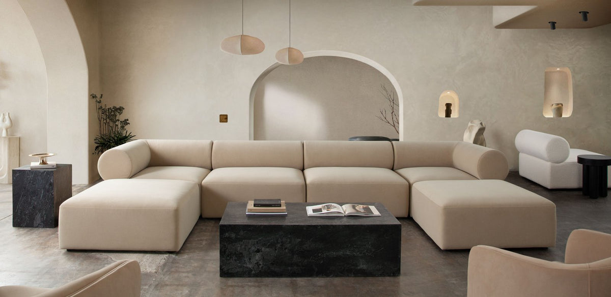 Zia Ottoman in Light Camel Performance Velvet Fabric