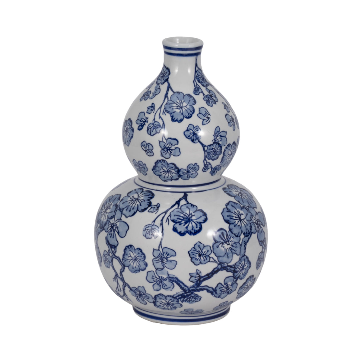 Cherry Blossom Chinoiserie Gourd Vase 13" - Blue / White