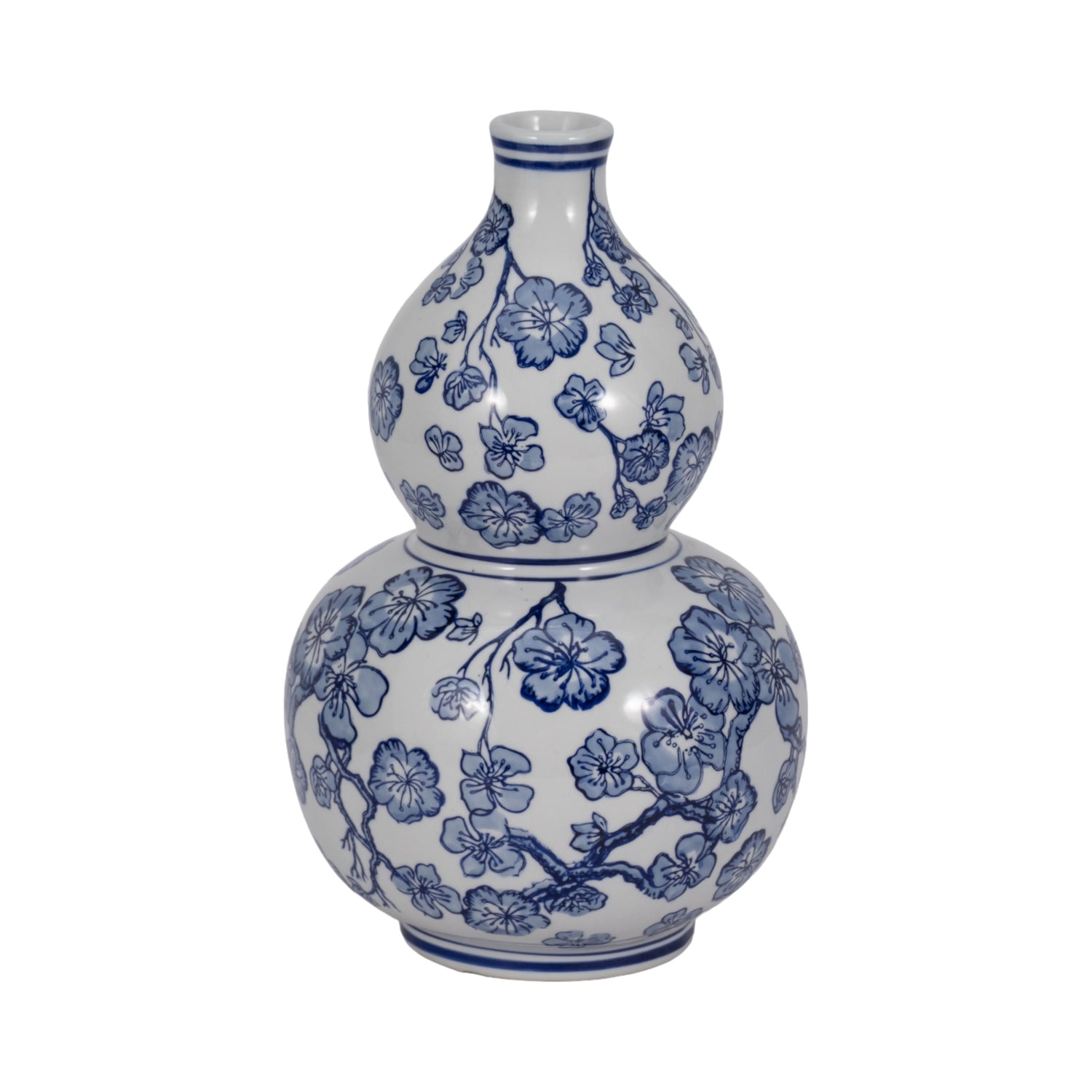 Cherry Blossom Chinoiserie Gourd Vase 13" - Blue / White