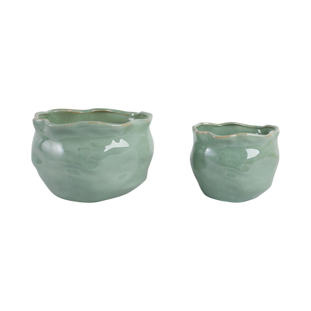 9" / 12" Round Wavy Edge Planters (Set of 2) - Sage Green