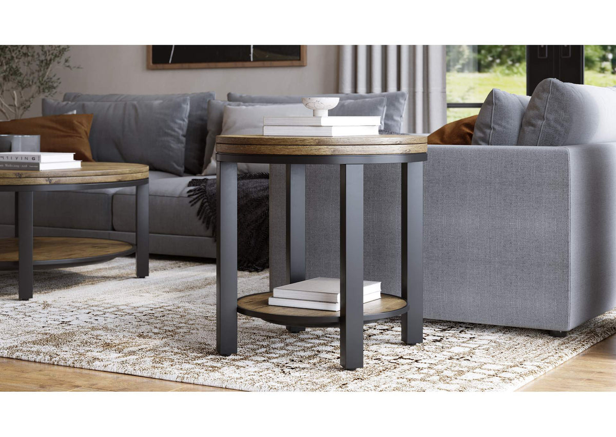 AE8722 Canyon Solid Wood And Metal Round End Table In Washed Grey