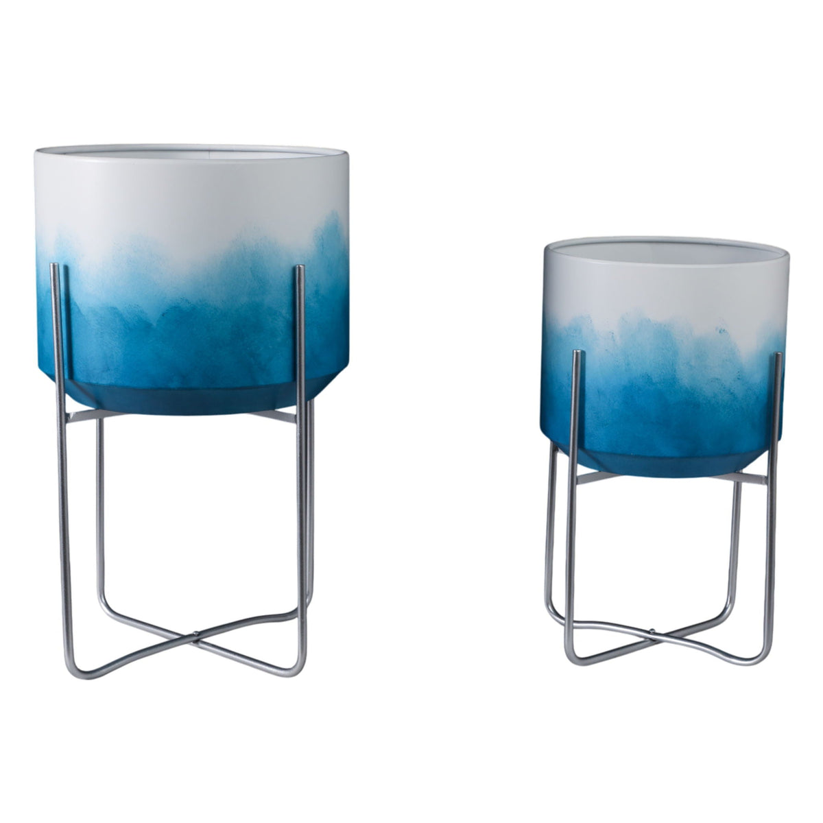 19" / 23" Ombre Metal Planters On Stands (Set of 2) - Blue