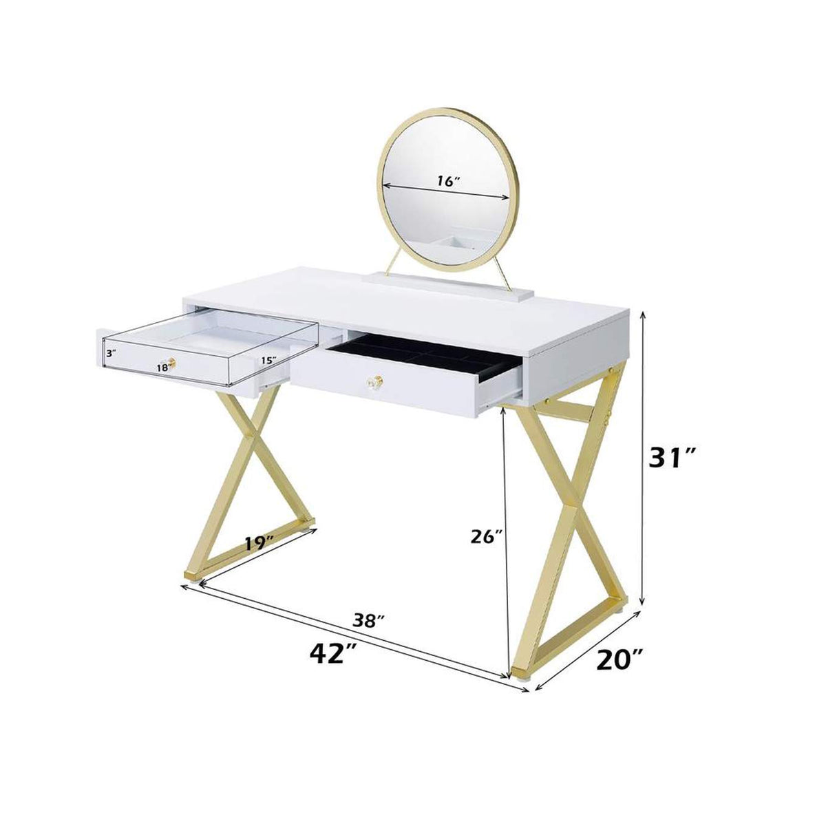 AC00667 Coleen Vanity Desk with Mirror and Jewelry Tray