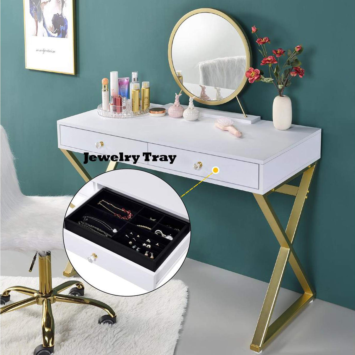AC00667 Coleen Vanity Desk with Mirror and Jewelry Tray