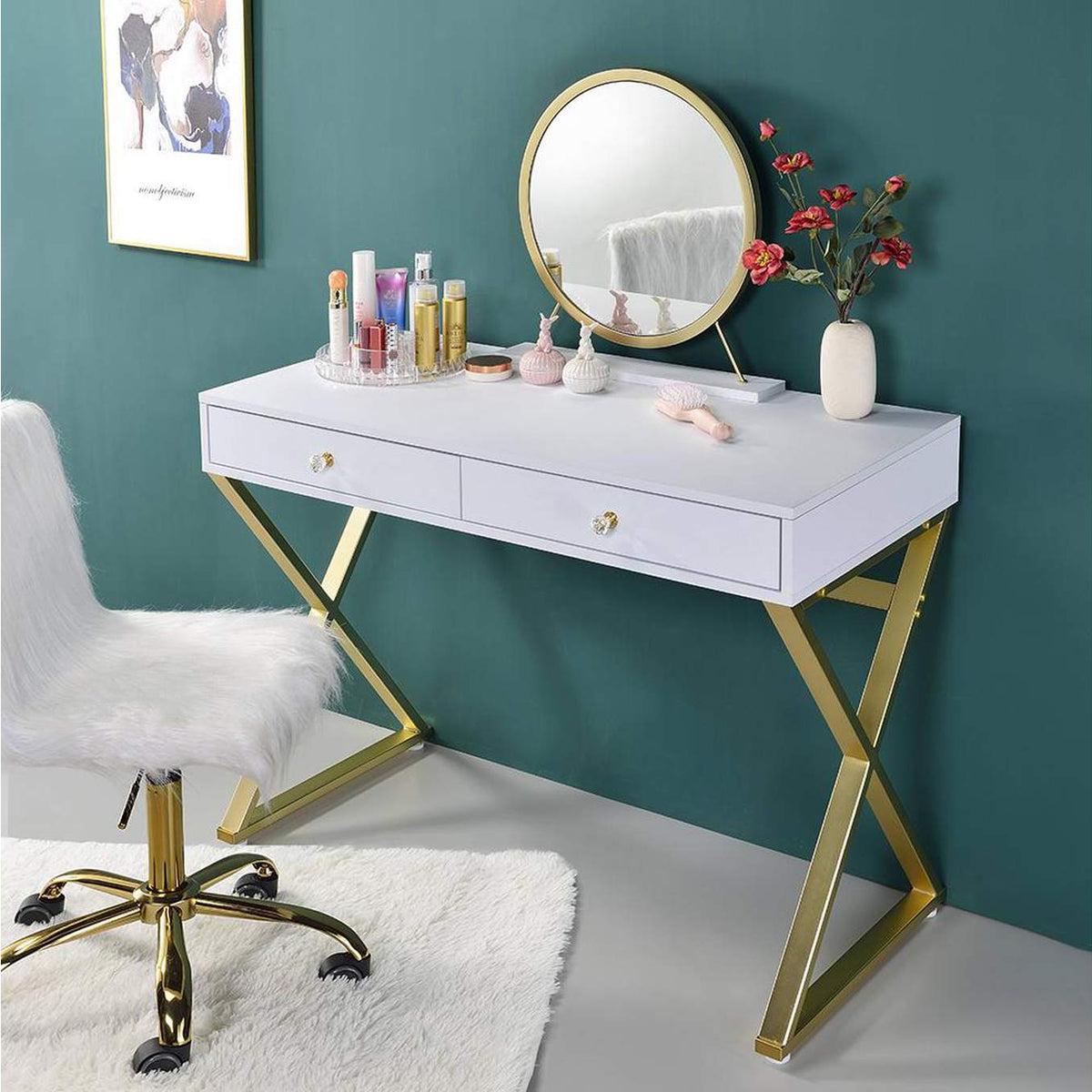 AC00667 Coleen Vanity Desk with Mirror and Jewelry Tray