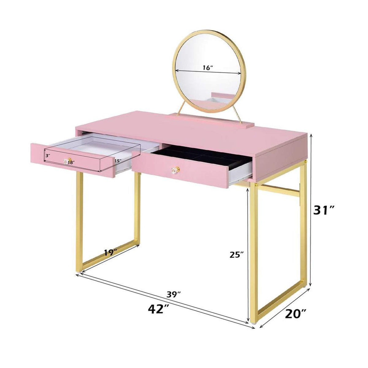 AC00668 Coleen Vanity Desk with Mirror and Jewelry Tray