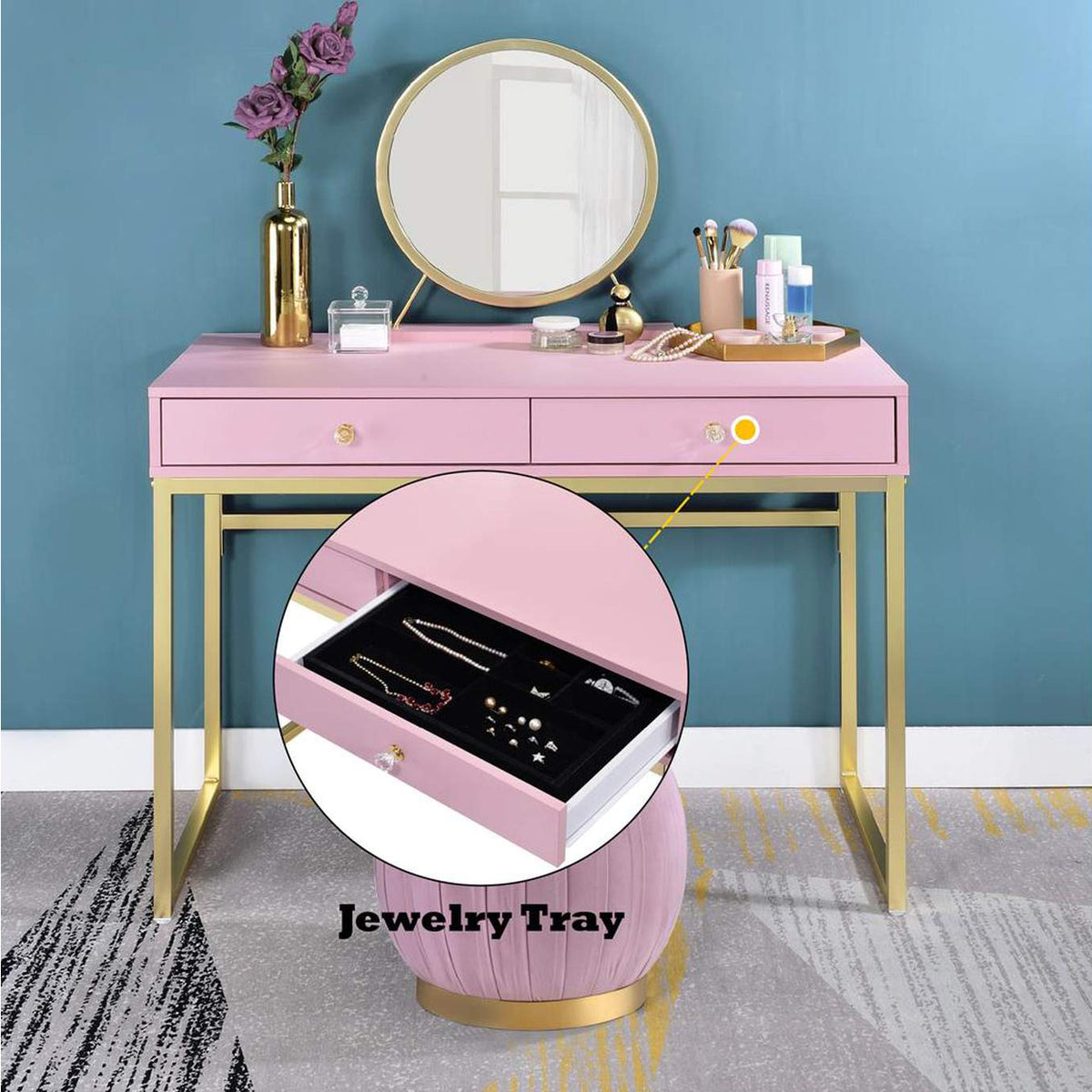 AC00668 Coleen Vanity Desk with Mirror and Jewelry Tray