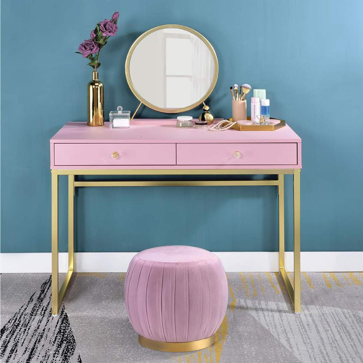 AC00668 Coleen Vanity Desk with Mirror and Jewelry Tray