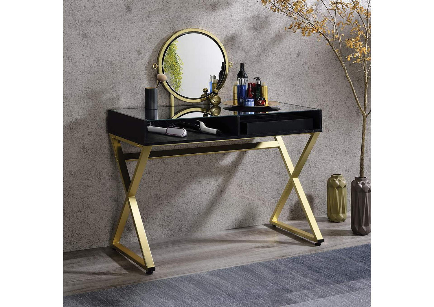 AC00669 Coleen Vanity Desk with Mirror and Jewelry Tray